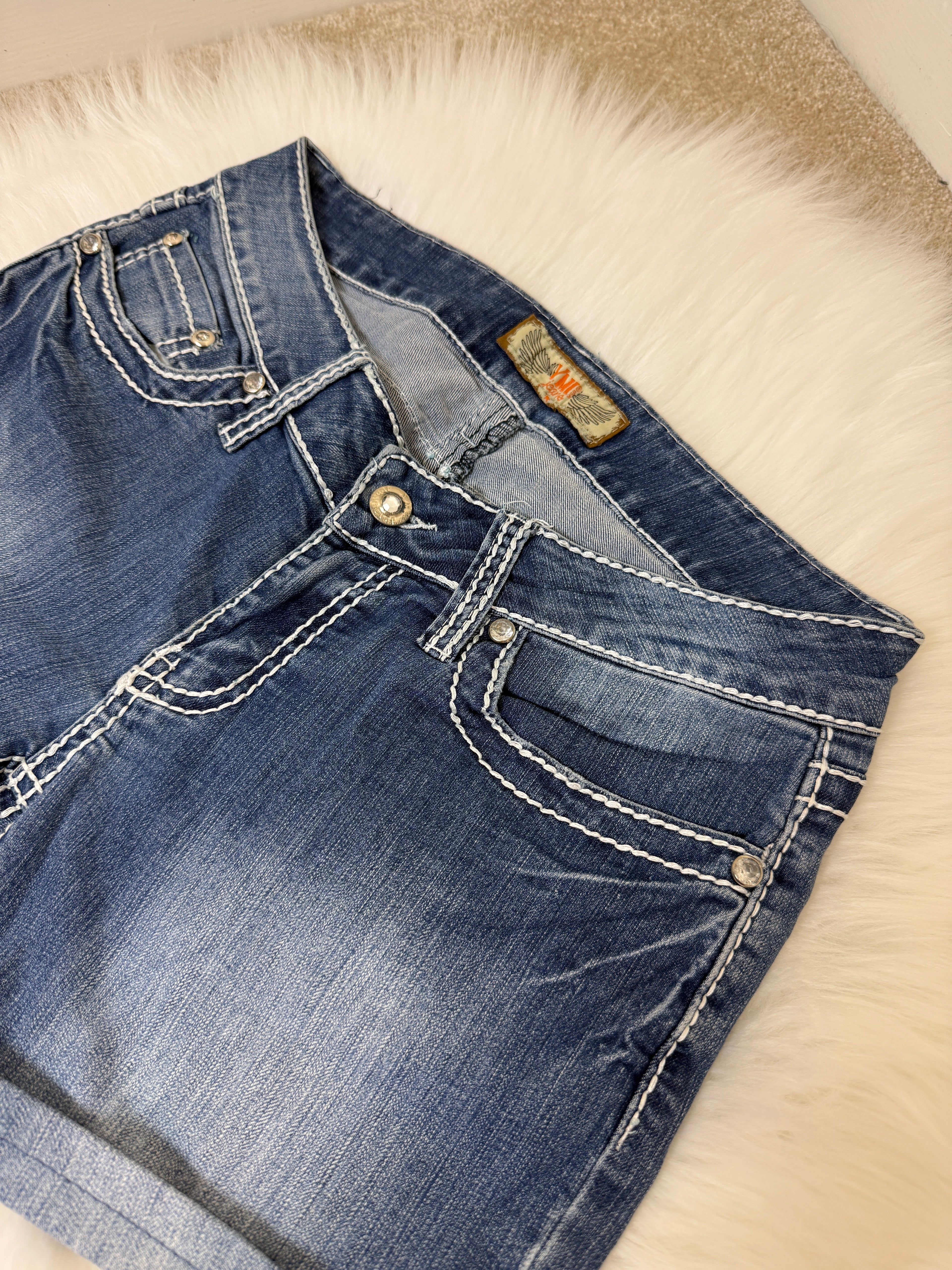YMI Wannabetterbutt Y2K Western Denim Shorts Dark Wash Contrast Stitch Stud Detail UK10