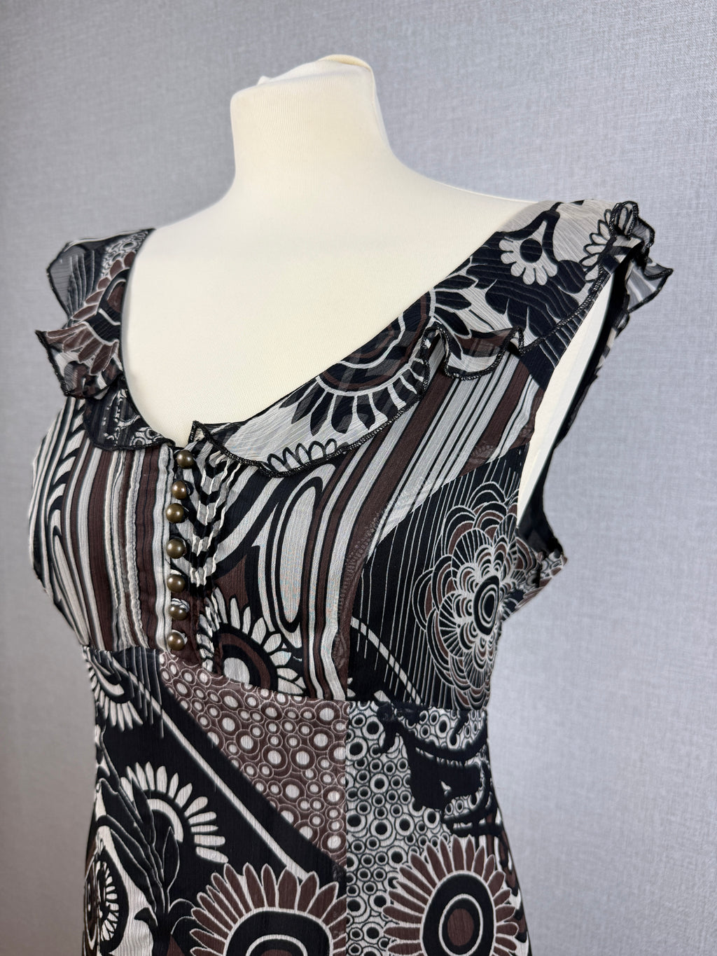 Planet Abstract Floral Chiffon Midi Dress UK14 Brown Black