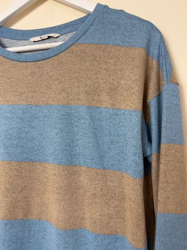 TU Jersey Top Blue Tan Long Sleeve Crew Neck Dip Hem Lightweight UK8
