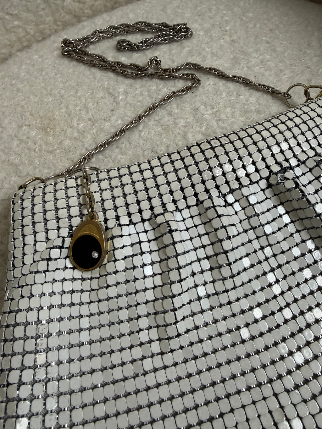 Vintage White Metal Mesh Evening Bag Chainmail Strap Gold Lining Shoulder