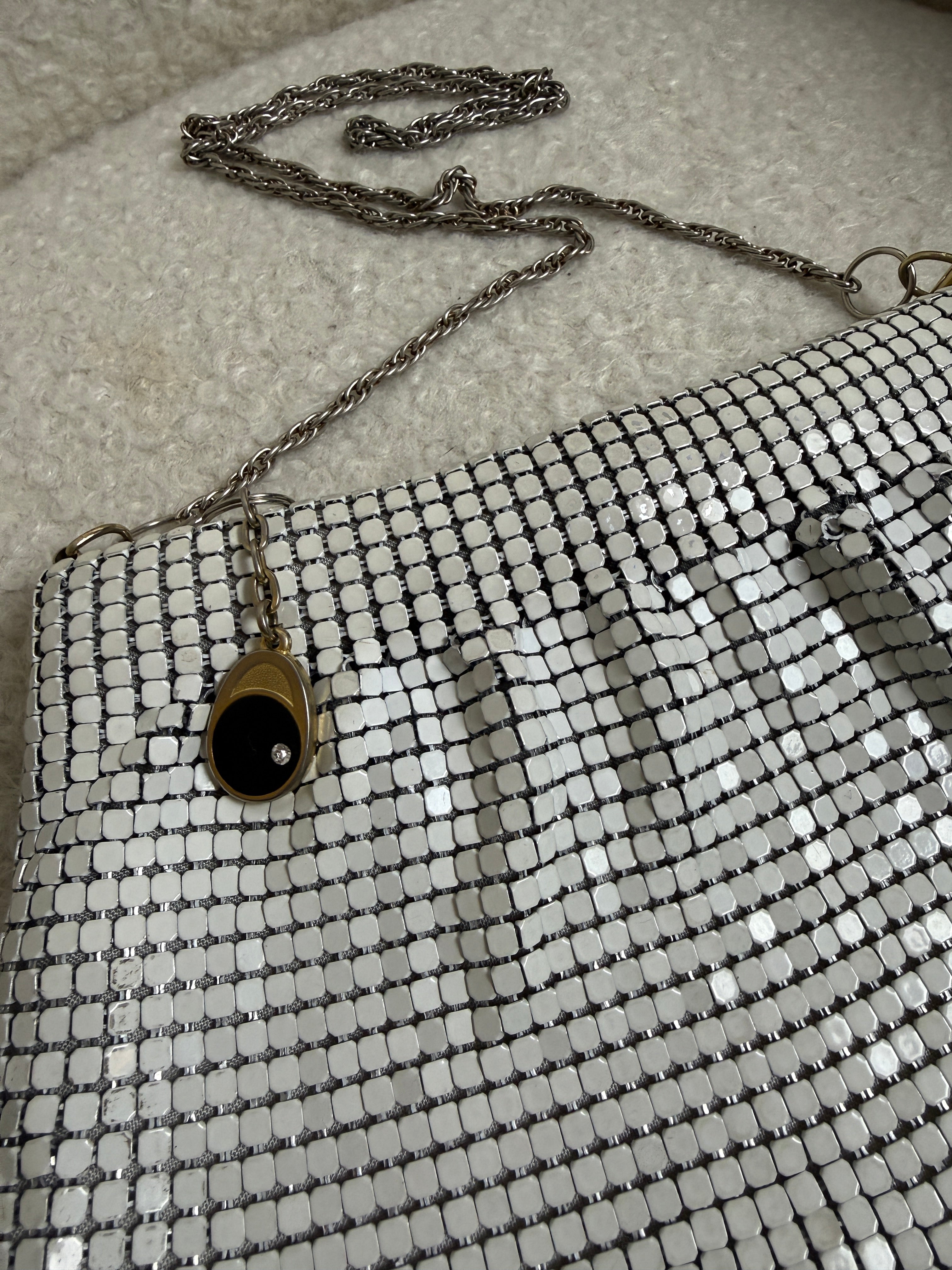 Vintage White Metal Mesh Evening Bag Chainmail Strap Gold Lining Shoulder