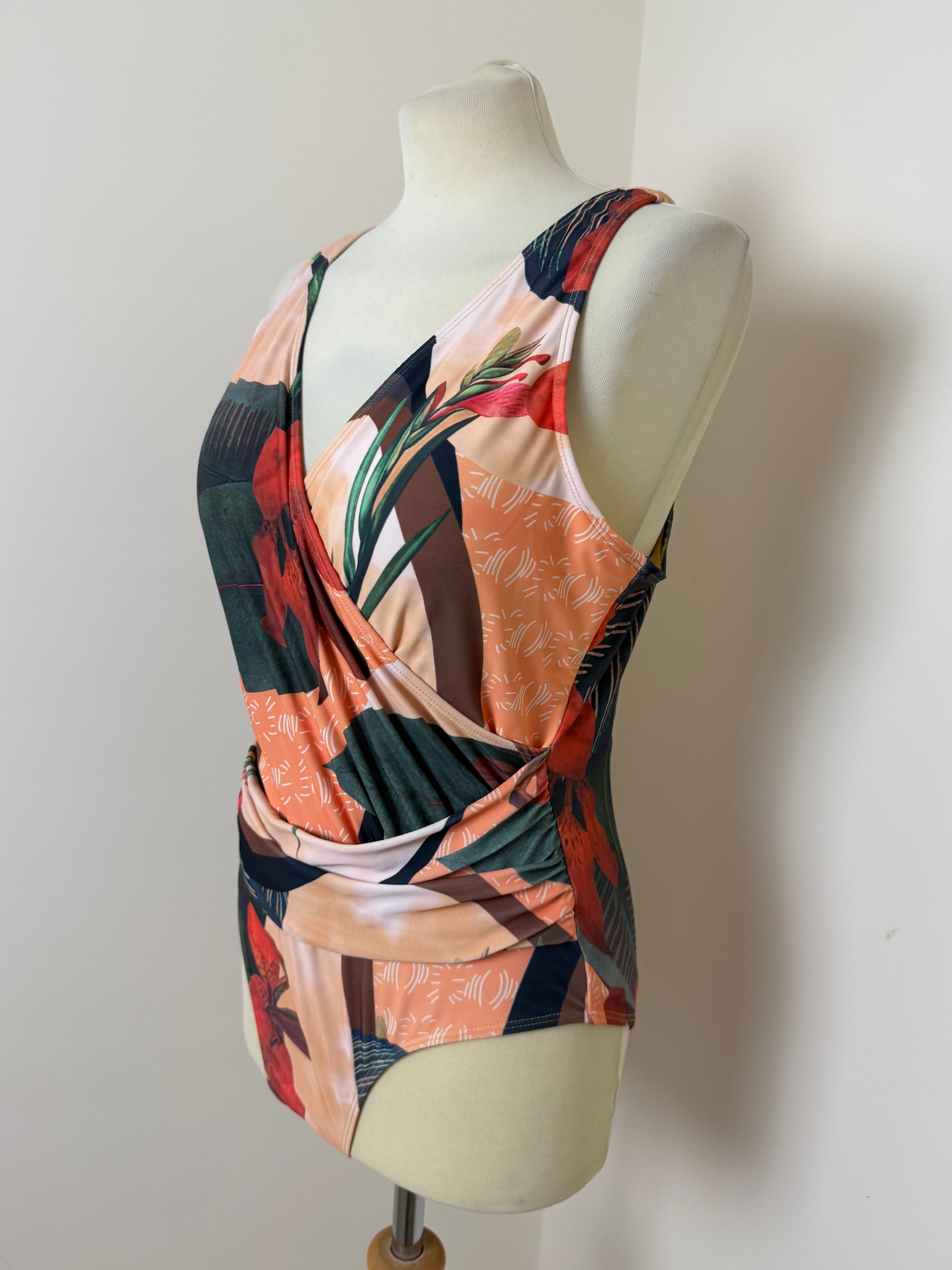Tropical Floral Swimsuit & Sheer Mesh Sarong Set XL