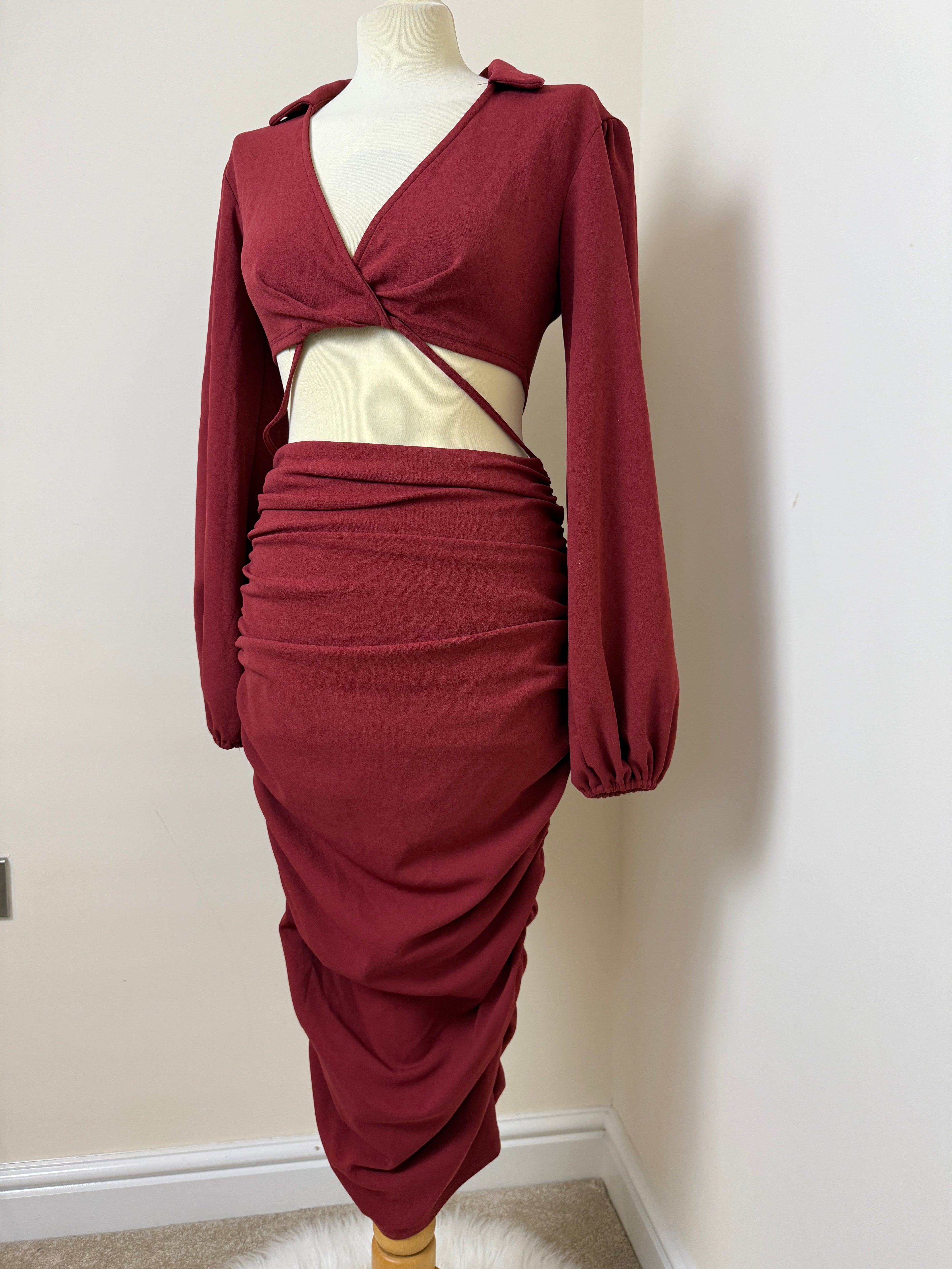 ASOS Burgundy Cut Out Ruched Midi Dress UK 10 Balloon Sleeve V Neck