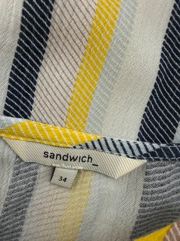 Sandwich Clothing Stripe Top Yellow Grey White Short Sleeve Split Hem UK8