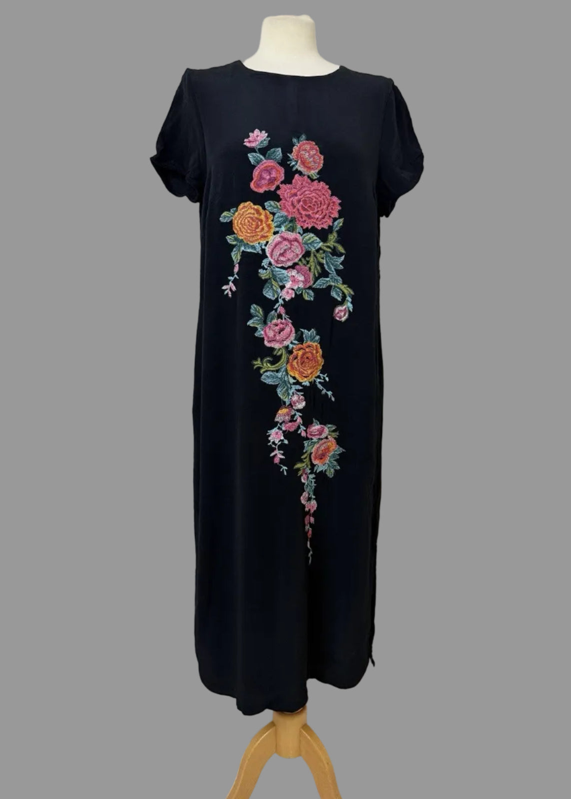 Per Una M&S Black Embroidered Floral Midi Dress UK14 Boho