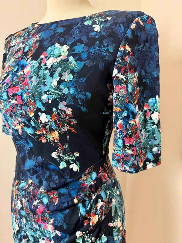 LK Bennett Marli Navy Blue Floral Print Dress with Ruched Waist – Occasion Smart Lined, UK 8, VGC