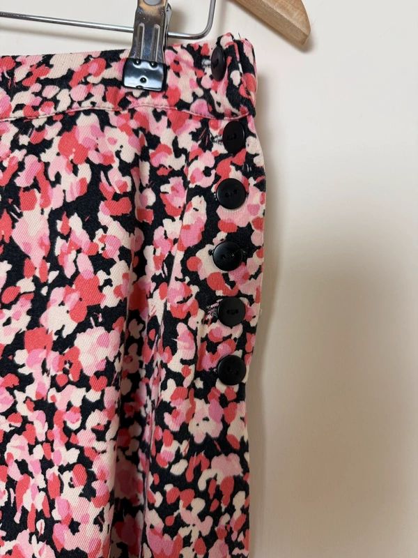Oliver Bonas Pink Black Ditsy Floral Midi Skirt Flared Button Detail UK10