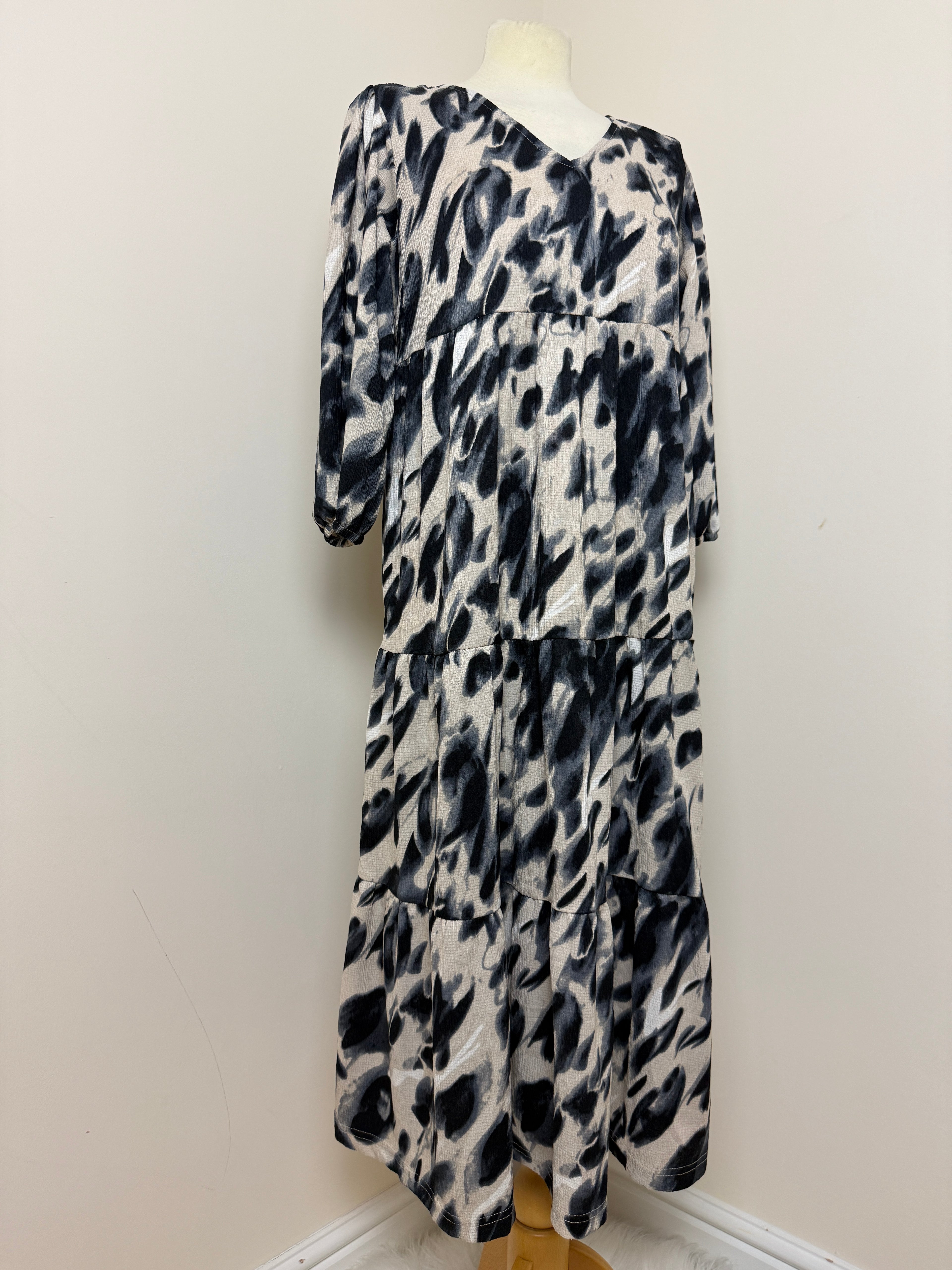 Esmara Blue Cream Black Abstract Tiered Animal Print Maxi Dress - UK12/14