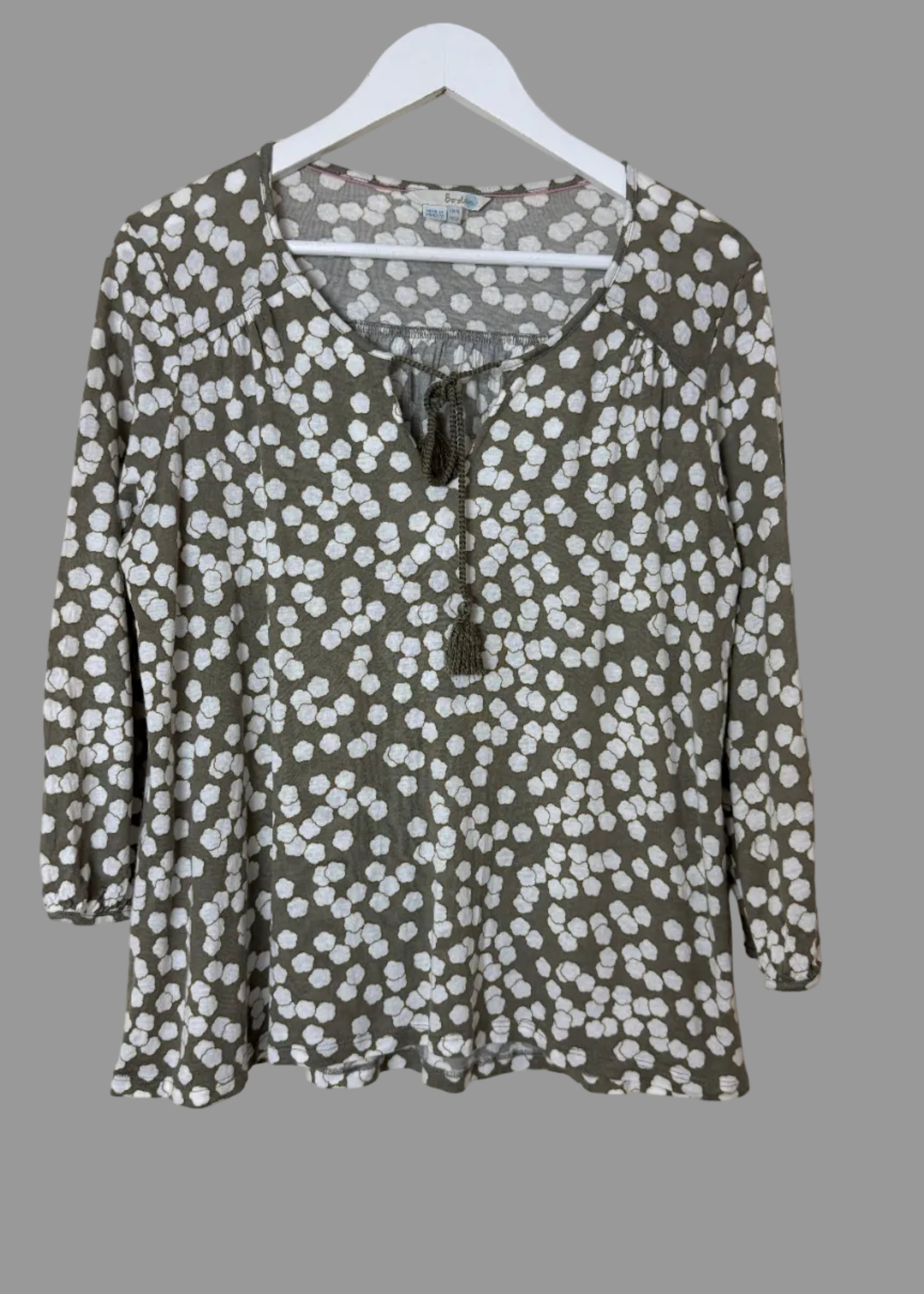 Boden Beige White Spot Print Tassel Tie Top UK 16