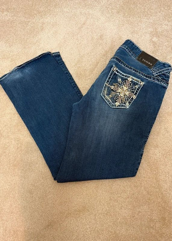 Vigoss Chelsea Y2K Bootcut Jeans Dark Wash Embellished Low Rise UK 14