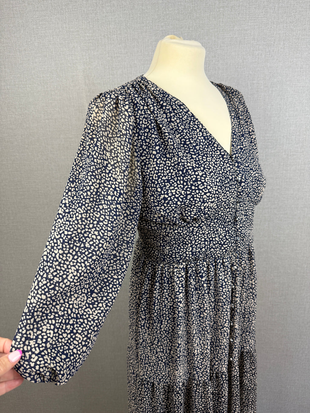 QED London Navy Cream Animal Print Tiered Maxi Dress UK 12