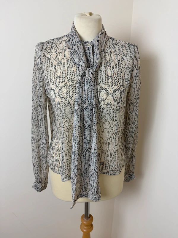 Mango Snake Print Blouse Black White Sheer Tie Neck Long Sleeve Small