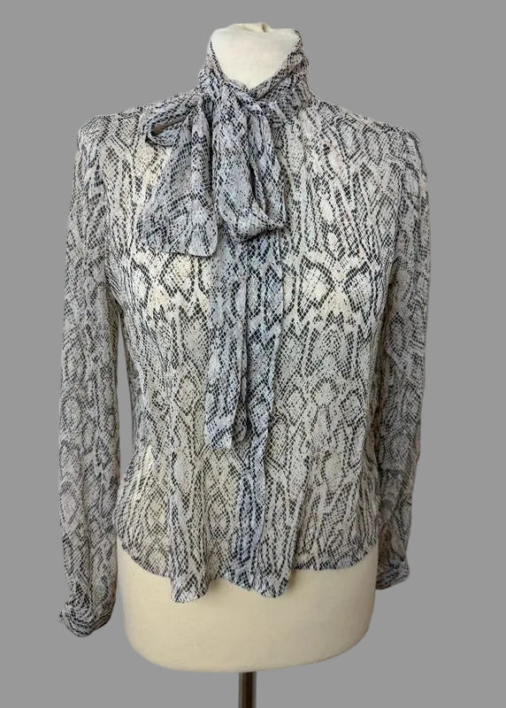 Mango Snake Print Blouse Black White Sheer Tie Neck Long Sleeve Small