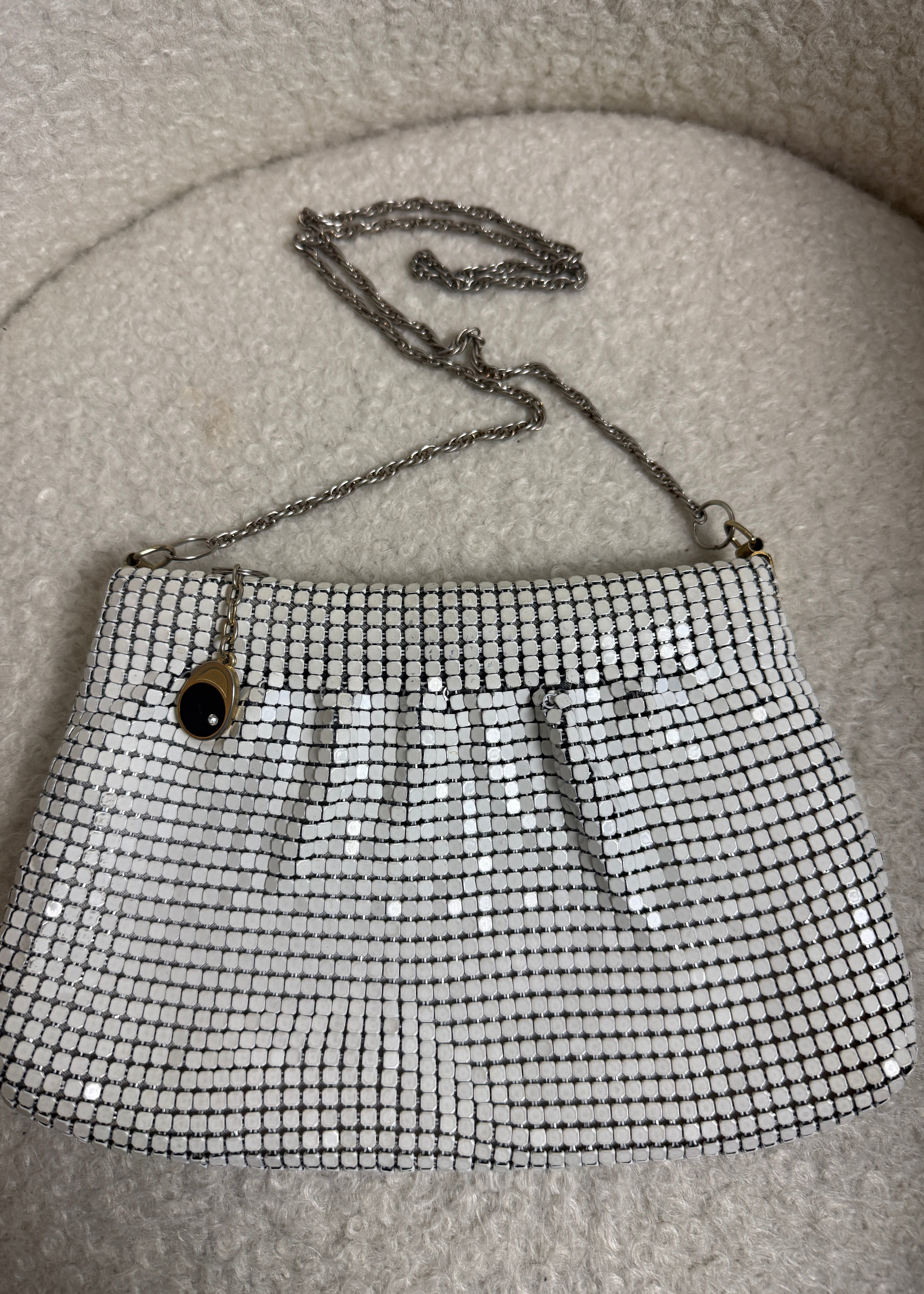 Vintage White Metal Mesh Evening Bag Chainmail Strap Gold Lining Shoulder