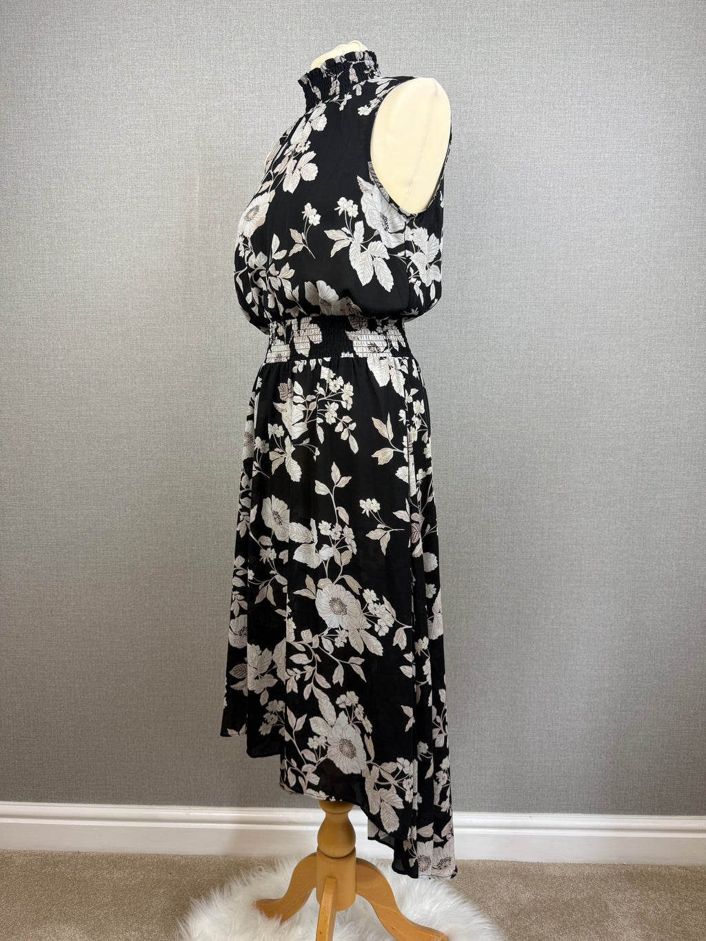 Nanette Lepore Black White Floral High Neck Midi Dress UK10 ( US6 )