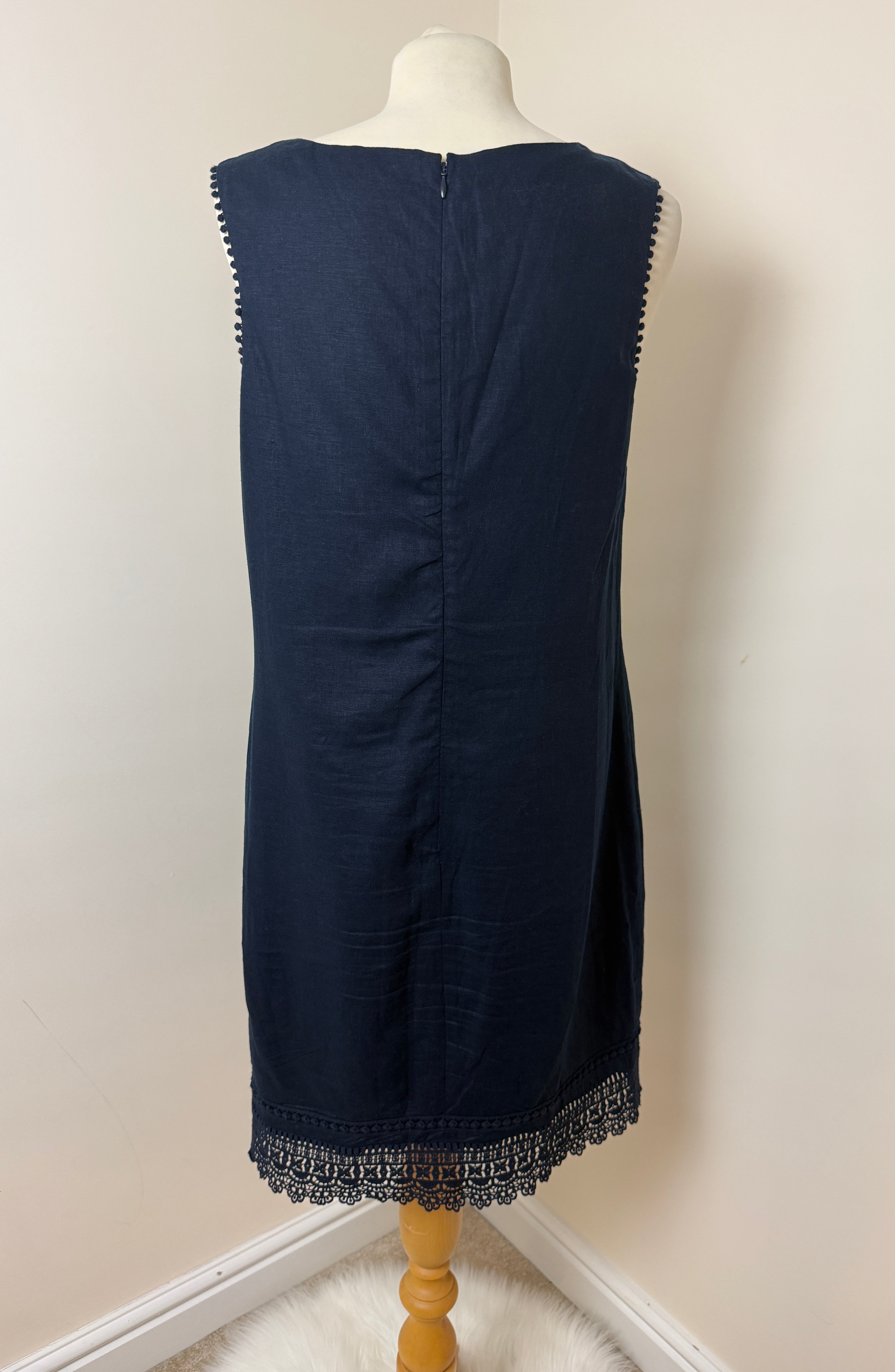 Papaya Black Linen Blend Shift Dress UK14 Sleeveless Embroidered Trim