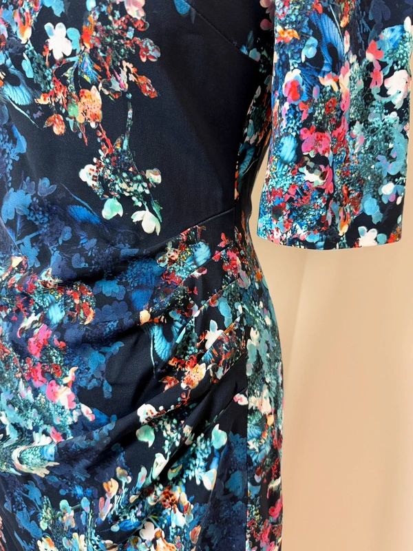 LK Bennett Marli Navy Blue Floral Print Dress with Ruched Waist – Occasion Smart Lined, UK 8, VGC