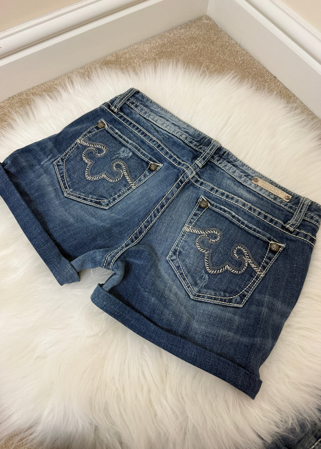 ReRock Express Y2K Western Denim Shorts Dark Wash Embroidered Contrast Stitch UK12