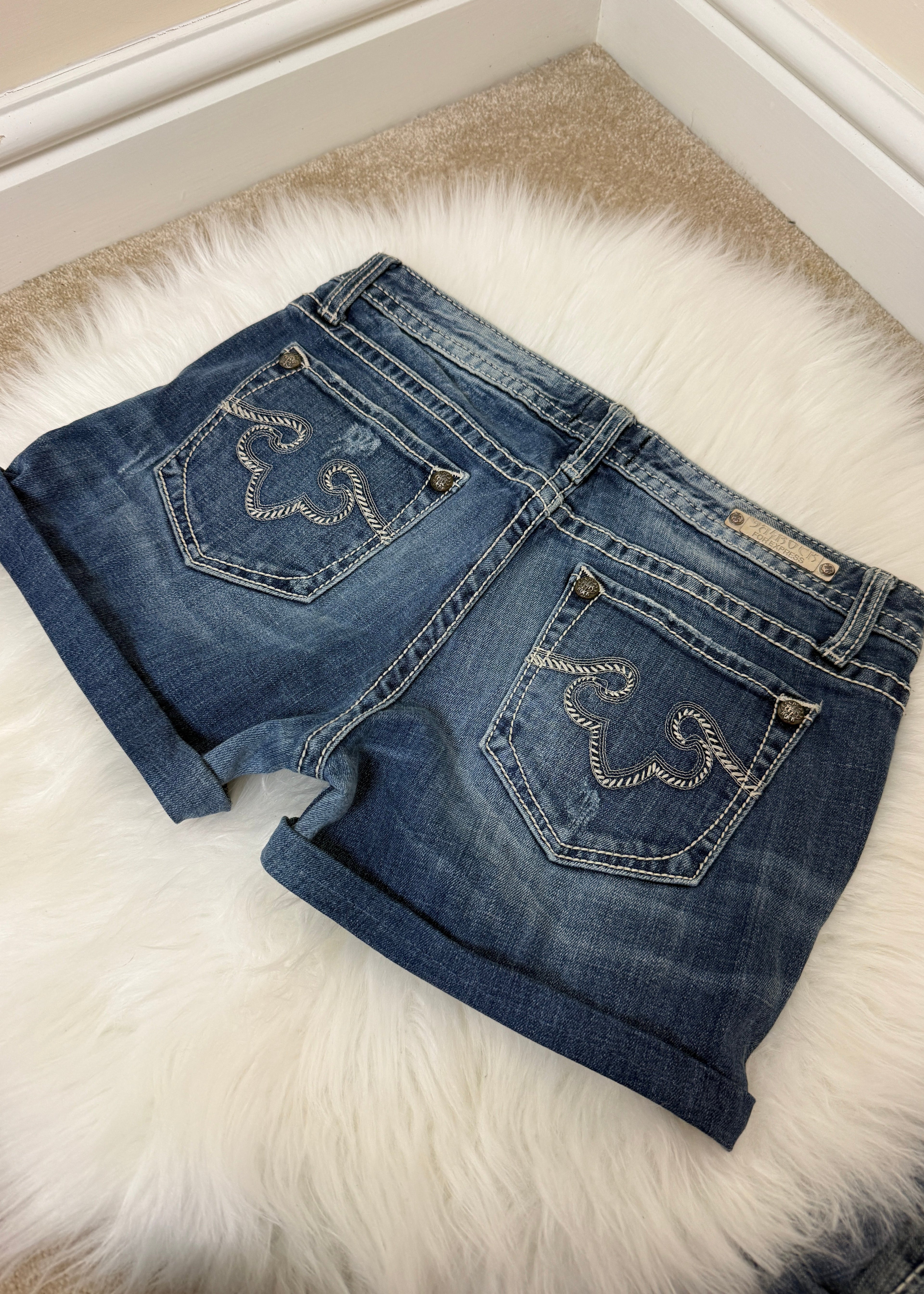 ReRock Express Y2K Western Denim Shorts Dark Wash Embroidered Contrast Stitch UK12