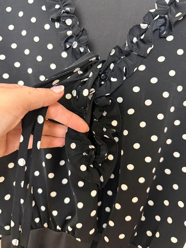 Black White Polka Dot Tie Front Blouse Bodysuit UK 12 Blouson Sleeve