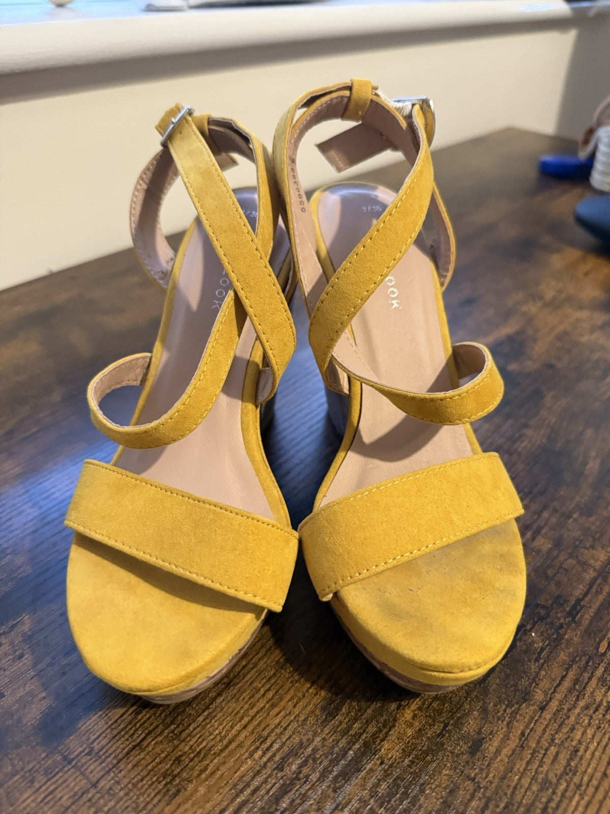New Look Mustard Suede Cork Wedge Sandals - UK 3 EU 36