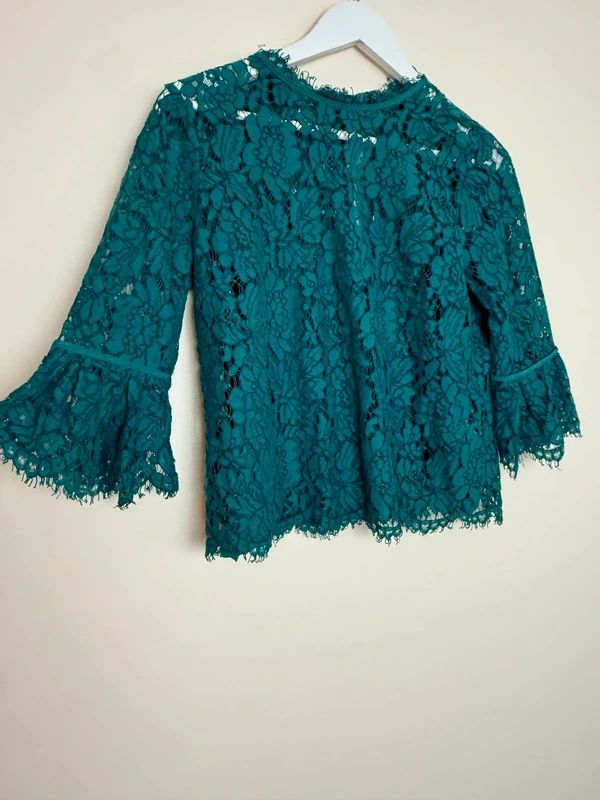 Next Emerald Green Lace Blouse Sheer Overlay Camisole Flare Sleeve UK10