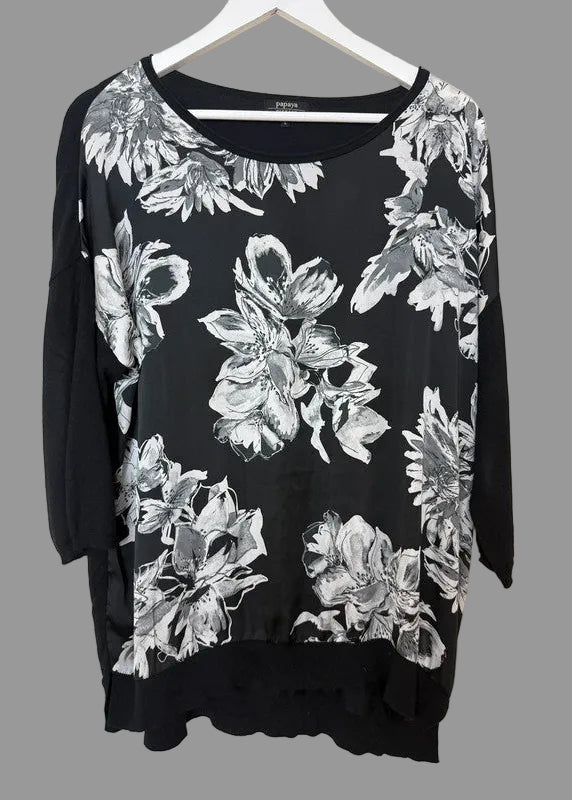 Papaya Black White Satin Front Floral Print Knit Top - Large