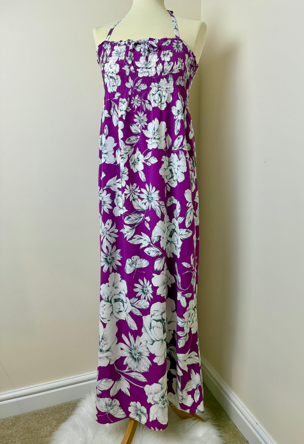 M&S Woman Purple Floral Shirred Halterneck Maxi Dress Small