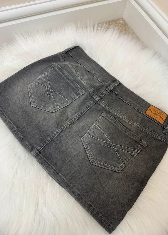 Aeropostale Grey Denim Micro Mini Skirt Y2K Low Rise Embroidered Pockets UK8