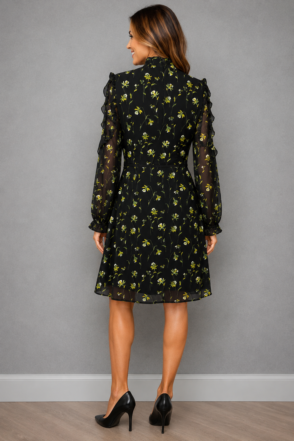 Oasis Black Floral Chiffon Mini Dress UK 12 - Pre-Loved