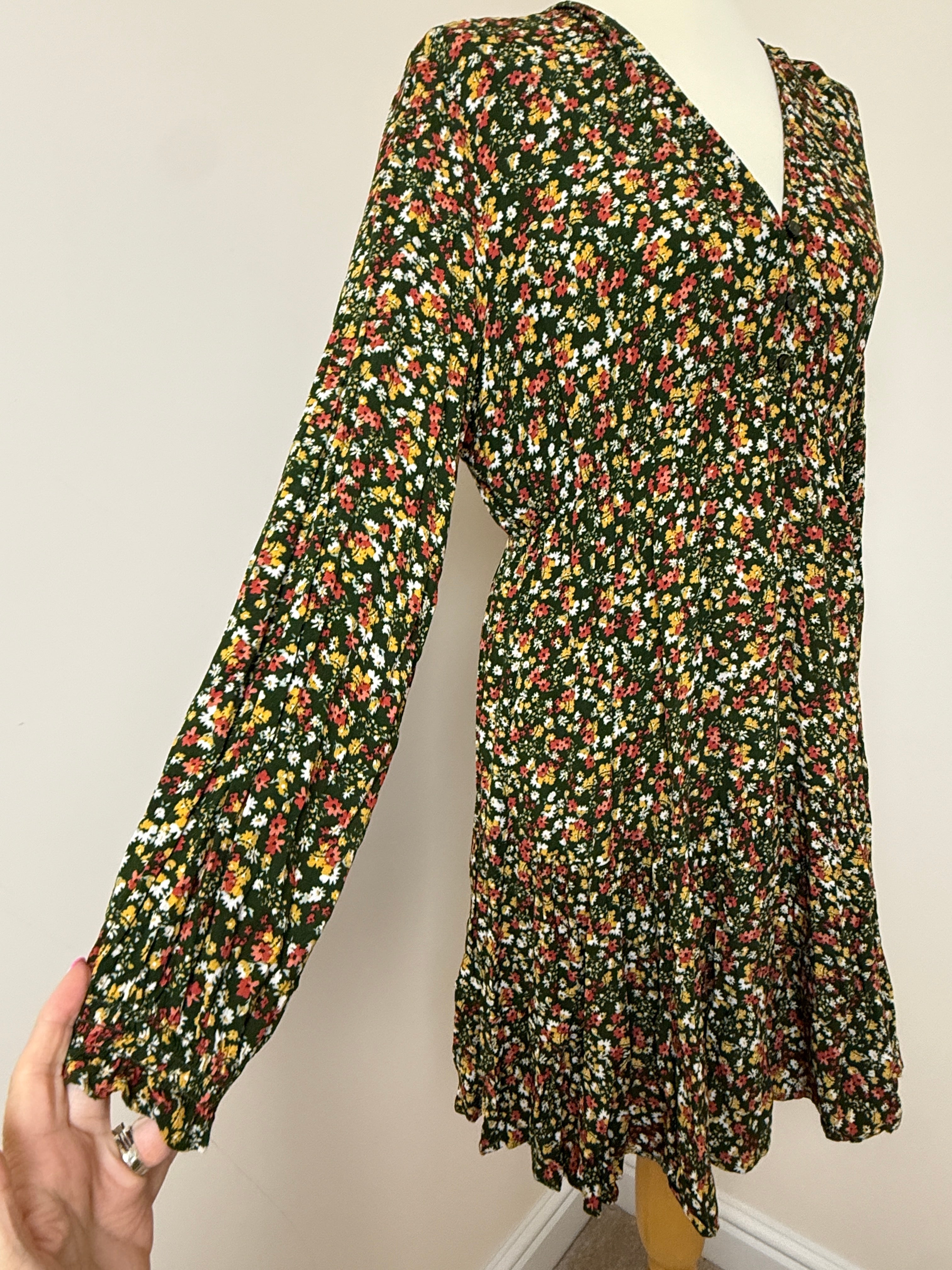 Apricot Green Ditsy Floral Smock Dress UK16 Long Sleeve Boho