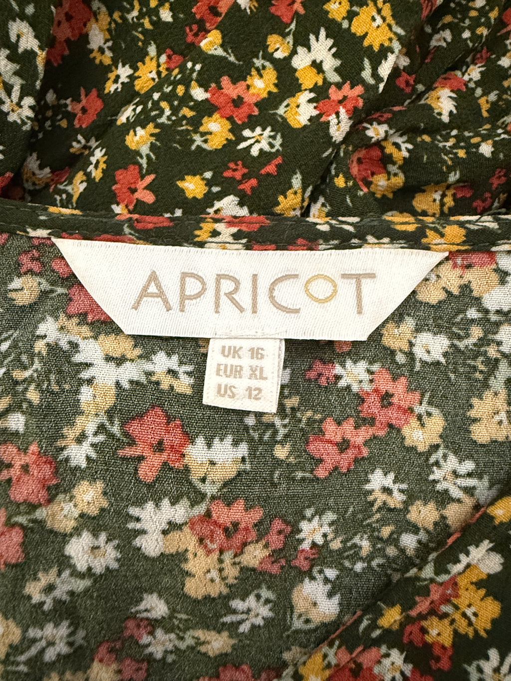 Apricot Green Ditsy Floral Smock Dress UK16 Long Sleeve Boho
