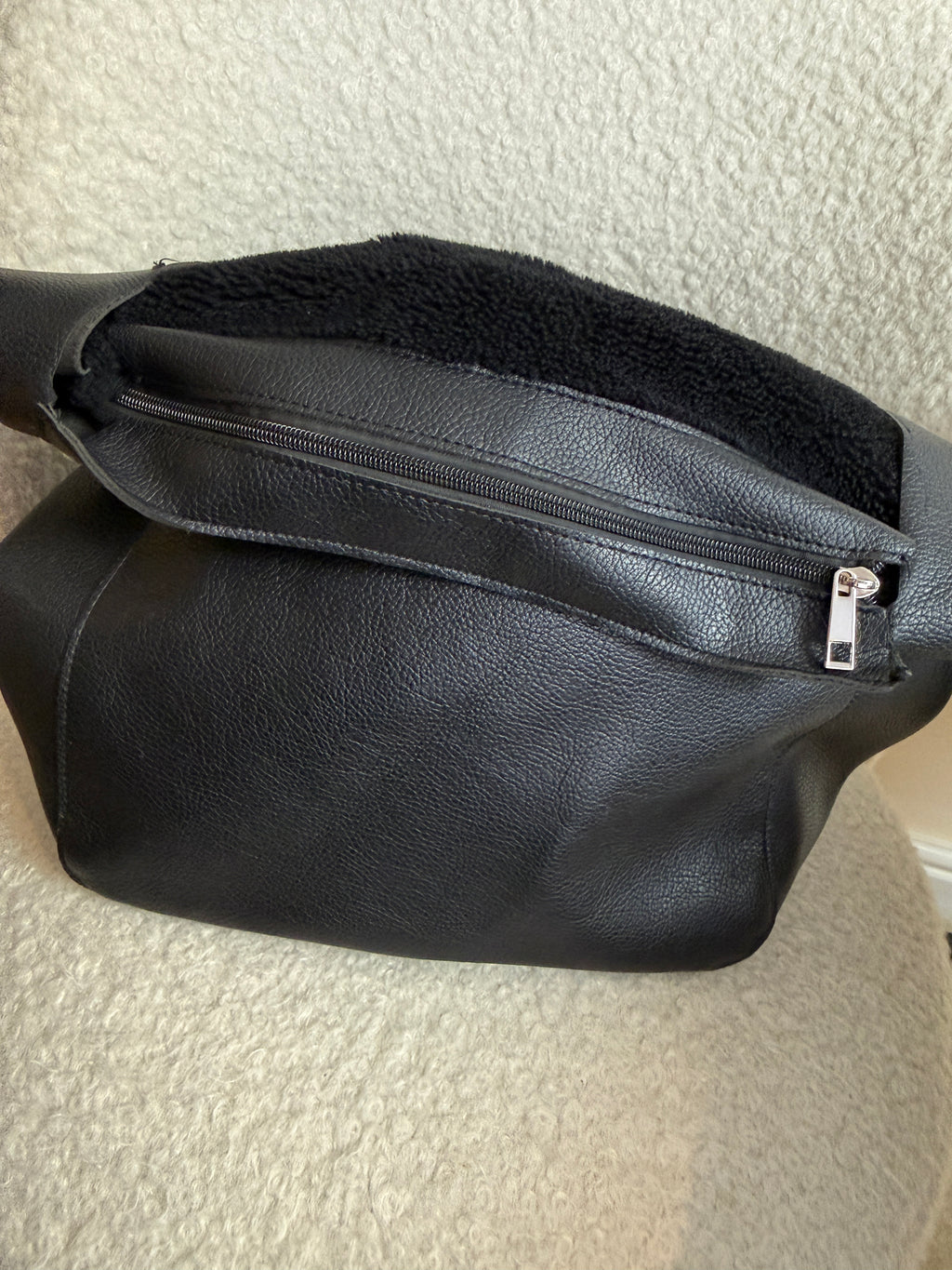 Black Faux Leather Hobo Shoulder Bag Faux Fur Panel Tie Strap Detail