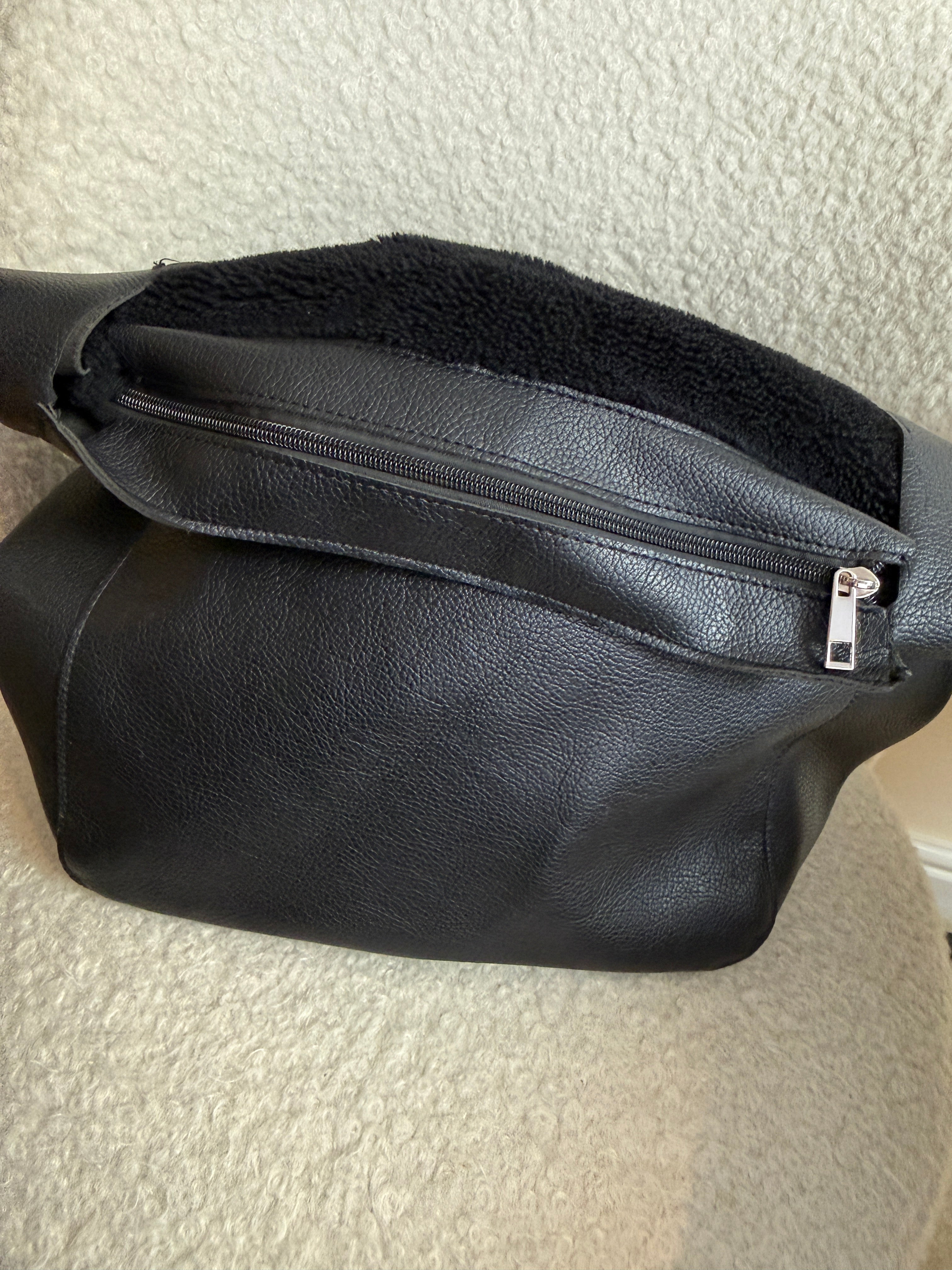 Black Faux Leather Hobo Shoulder Bag Faux Fur Panel Tie Strap Detail
