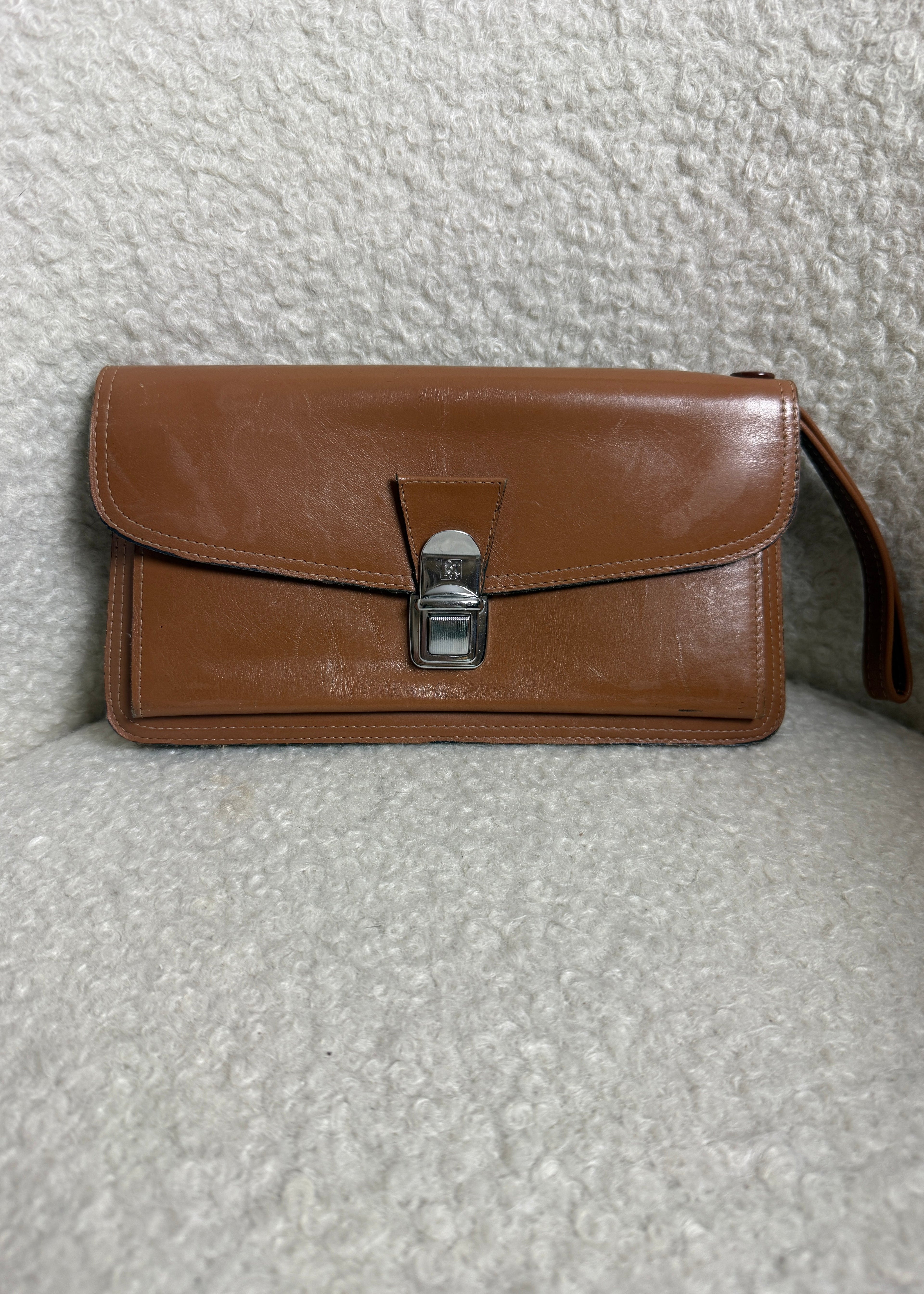 Vintage French Brown Cowhide Leather Clutch Bag Box Veritable Wrist Strap