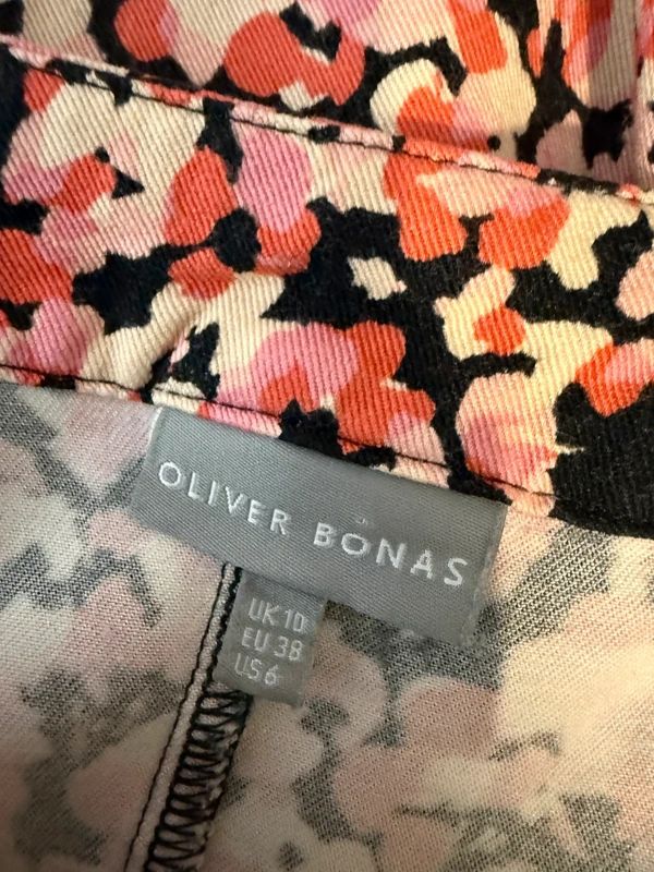 Oliver Bonas Pink Black Ditsy Floral Midi Skirt Flared Button Detail UK10