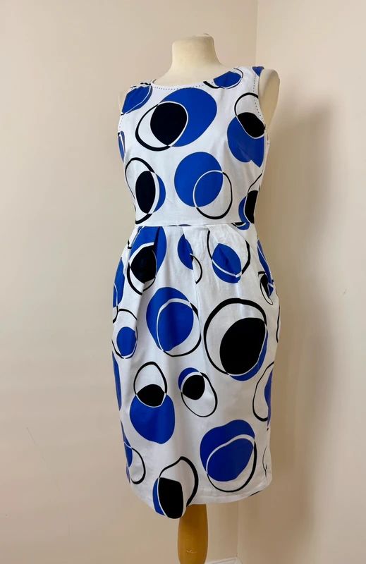 M&S Tulip Dress Purple Black White Geometric Sleeveless Pockets UK12