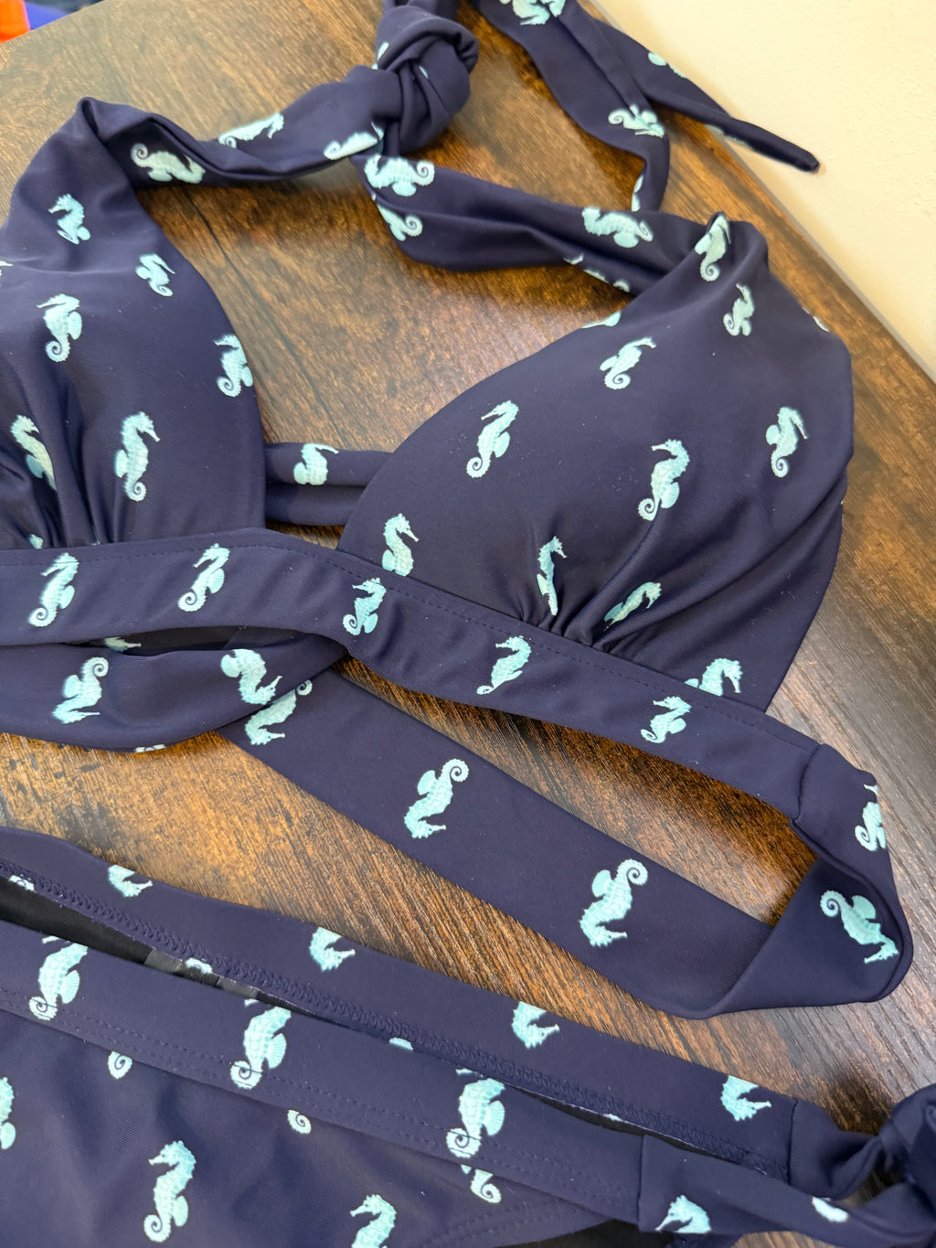 Oasis Navy Blue Seahorse Print Bikini Set Halter Neck Side Tie UK8