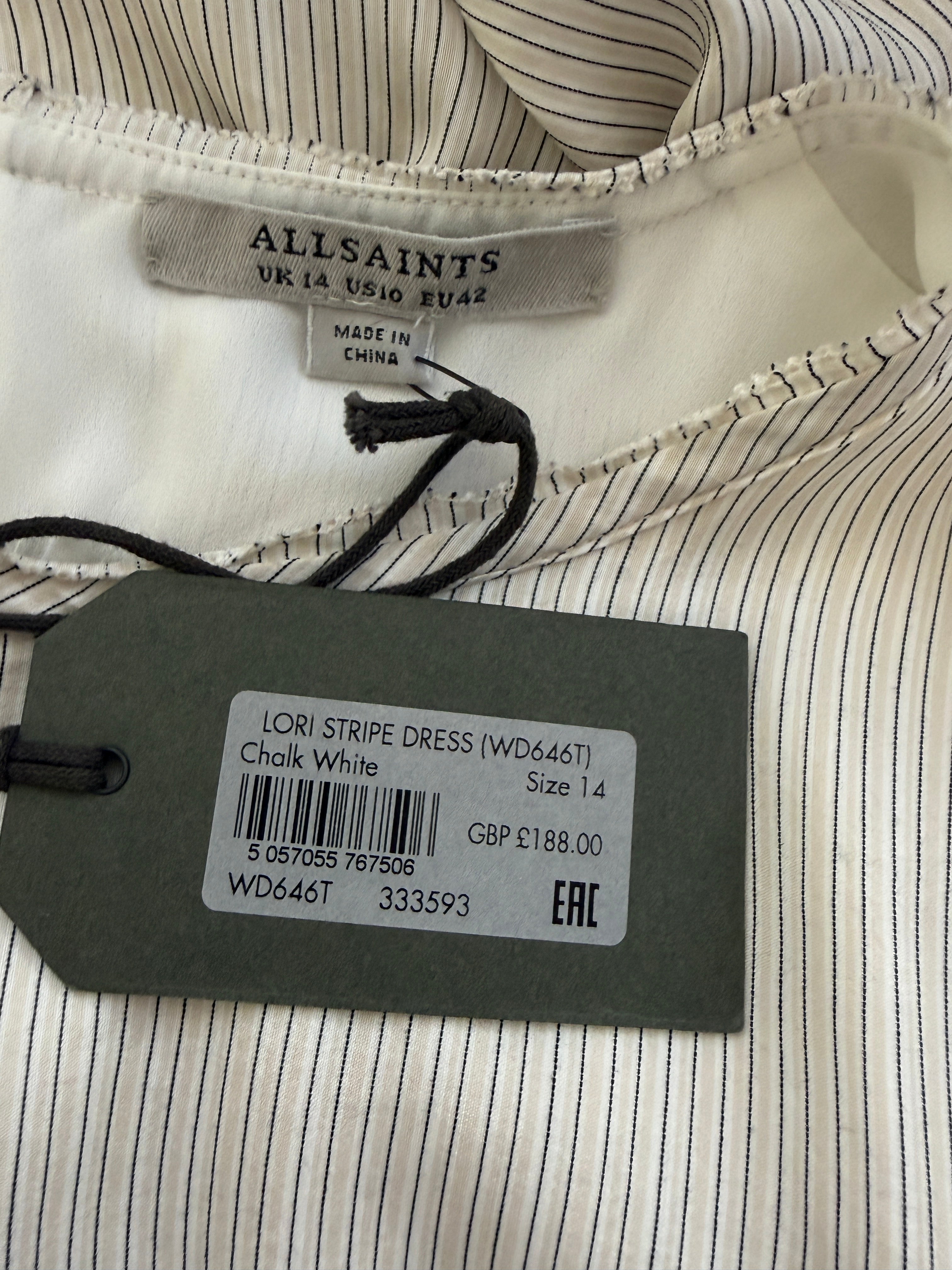 AllSaints Lori Stripe Midi Dress Chalk White Silk Blend UK 14 BNWT