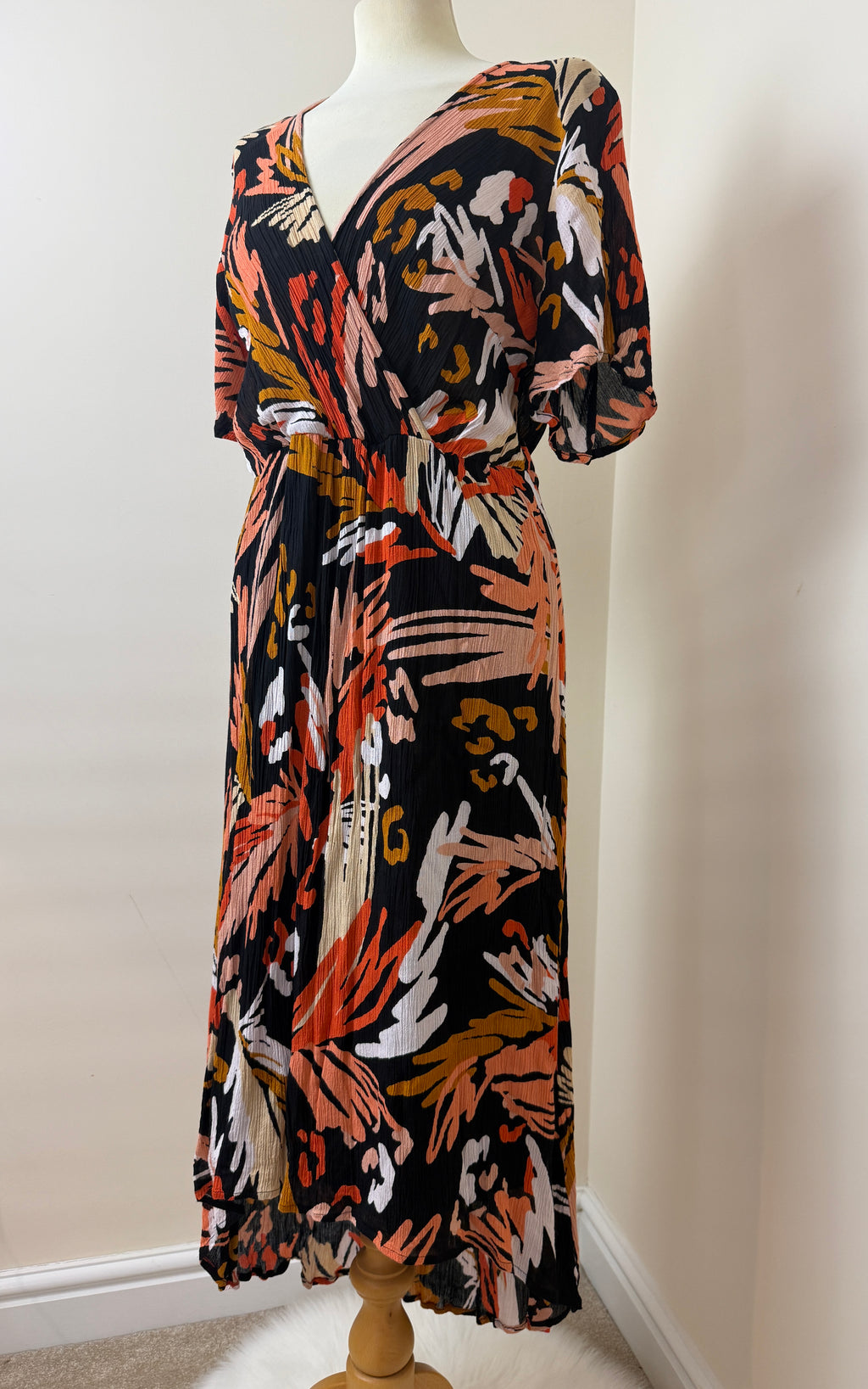 Together Orange Tan White Wrap Dress UK14 V-Neck Crinkle Dip Hem