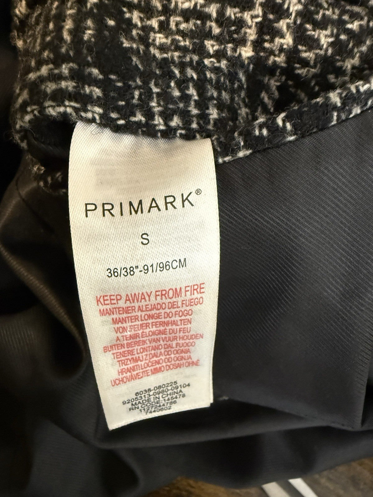 Primark Black White Dogtooth Check Wool Blend  Overcoat - Small