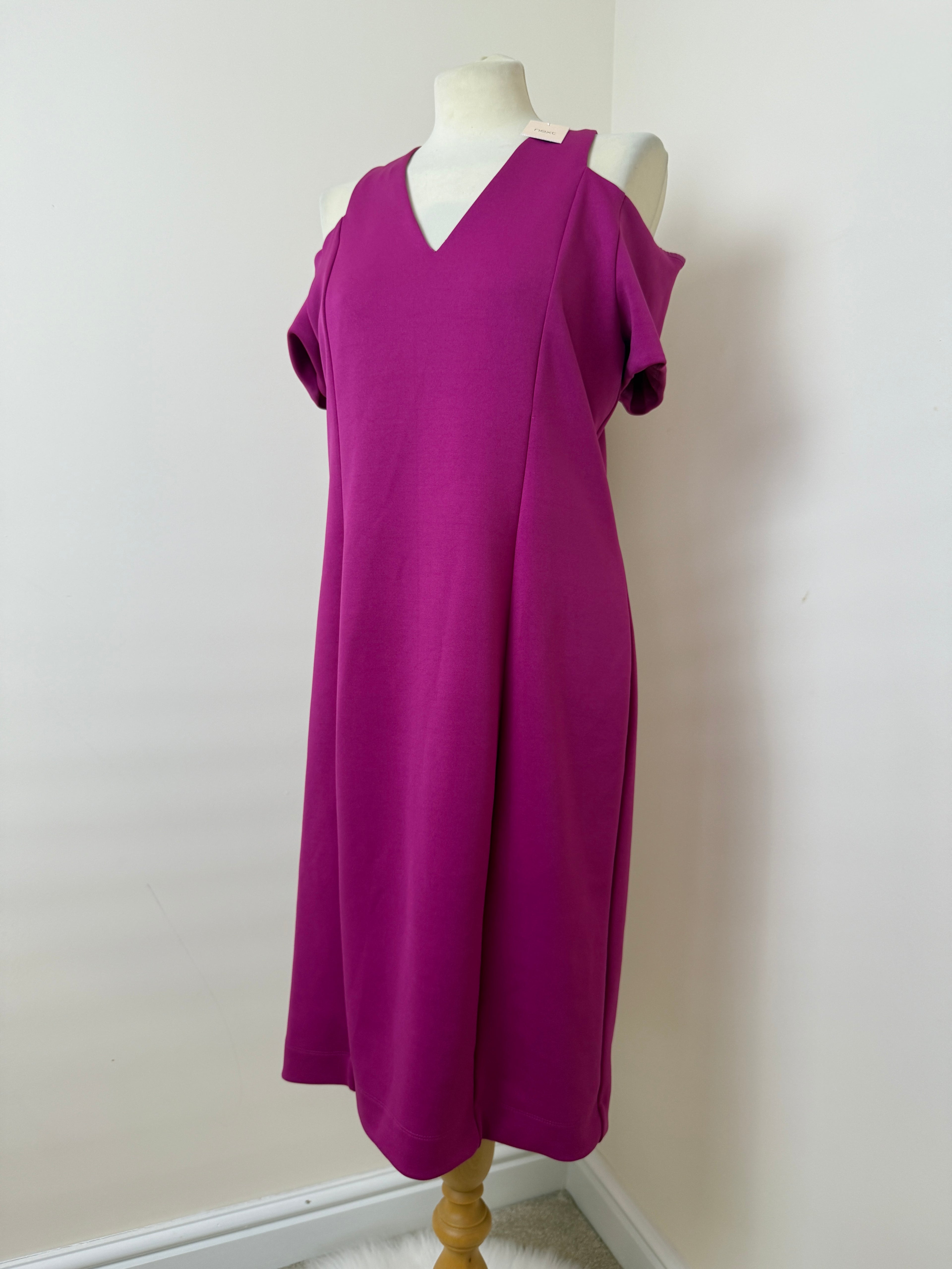 Next Magenta Purple Shift Dress UK16 BNWT Cold Shoulder V-Neck Formal
