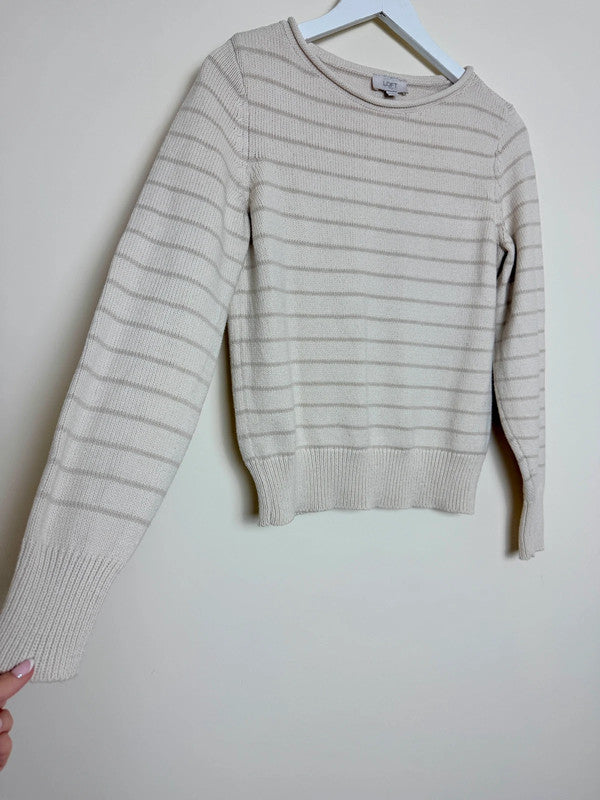 LOFT Cotton Blend Ivory Striped Crew Neck Jumper - Small