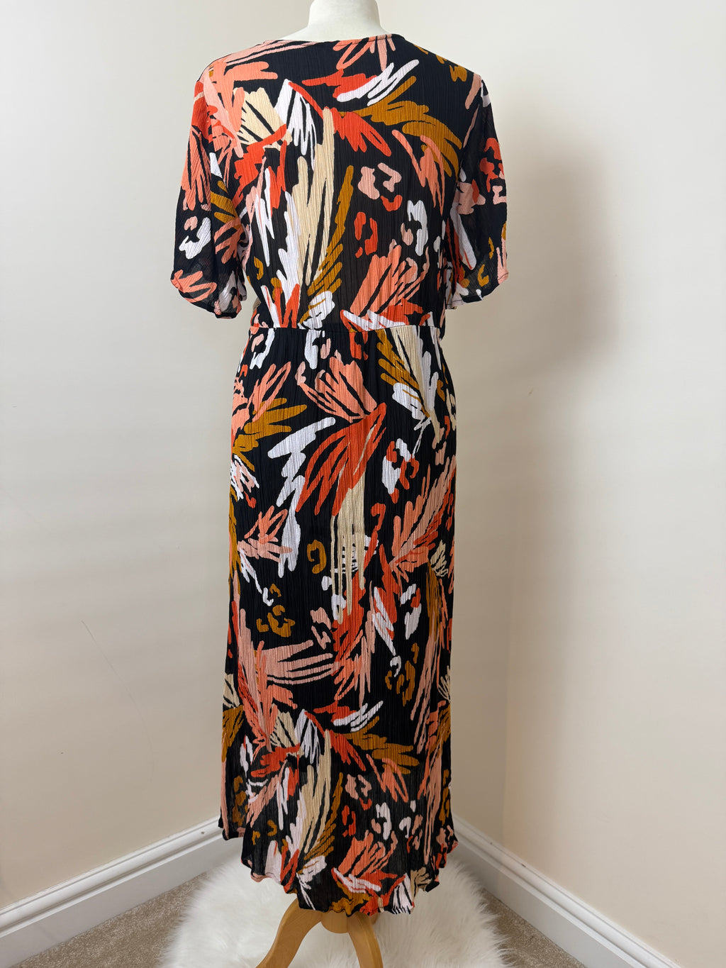 Together Orange Tan White Wrap Dress UK14 V-Neck Crinkle Dip Hem