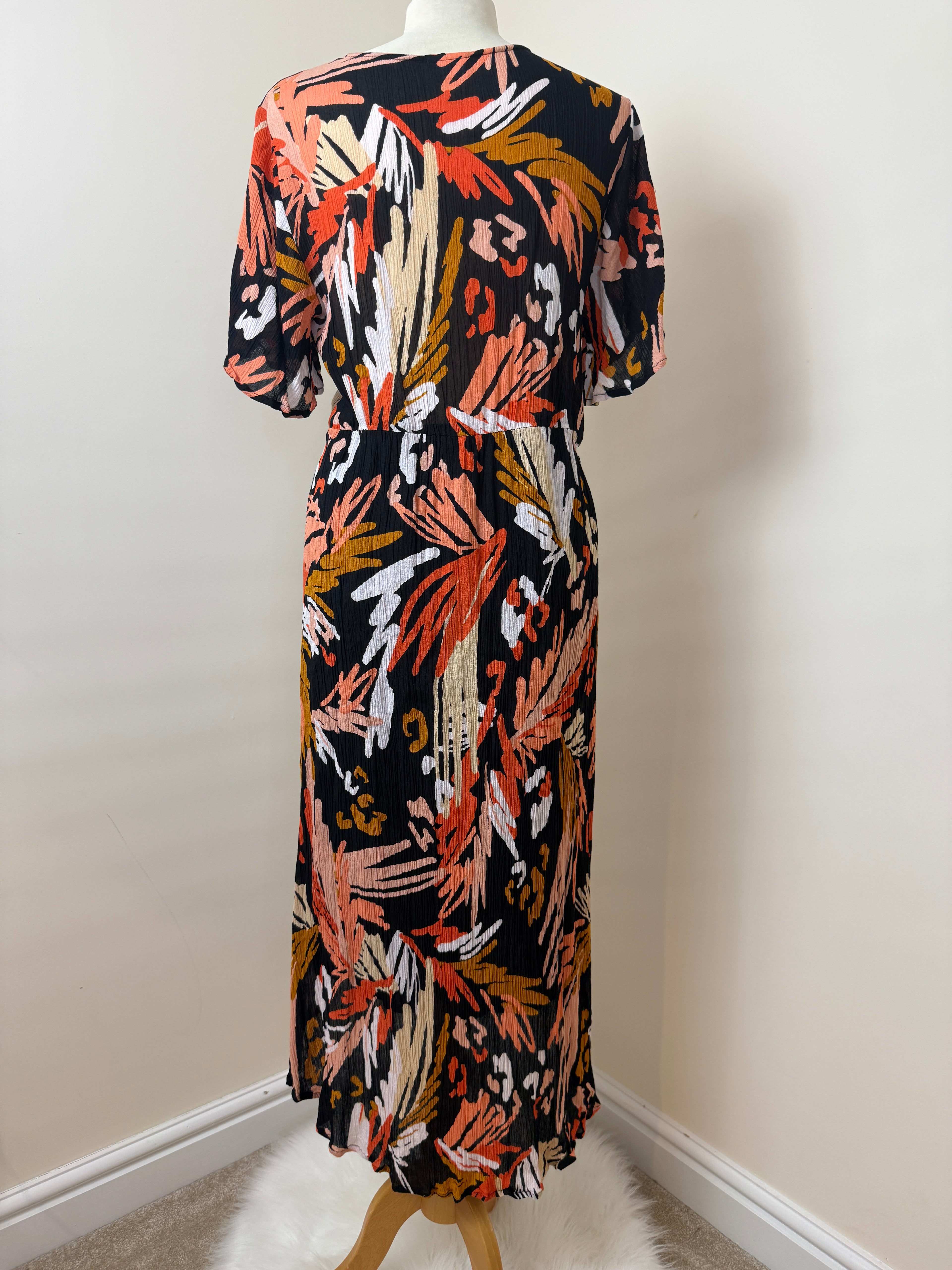 Together Orange Tan White Wrap Dress UK14 V-Neck Crinkle Dip Hem