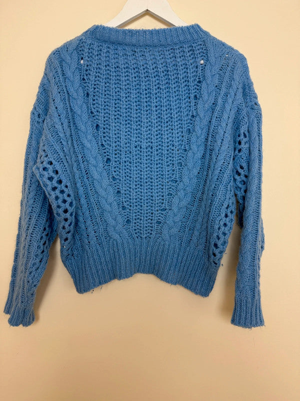 Emi-Jo Light Blue Mohair Open Cable Chunky Jumper  - Medium