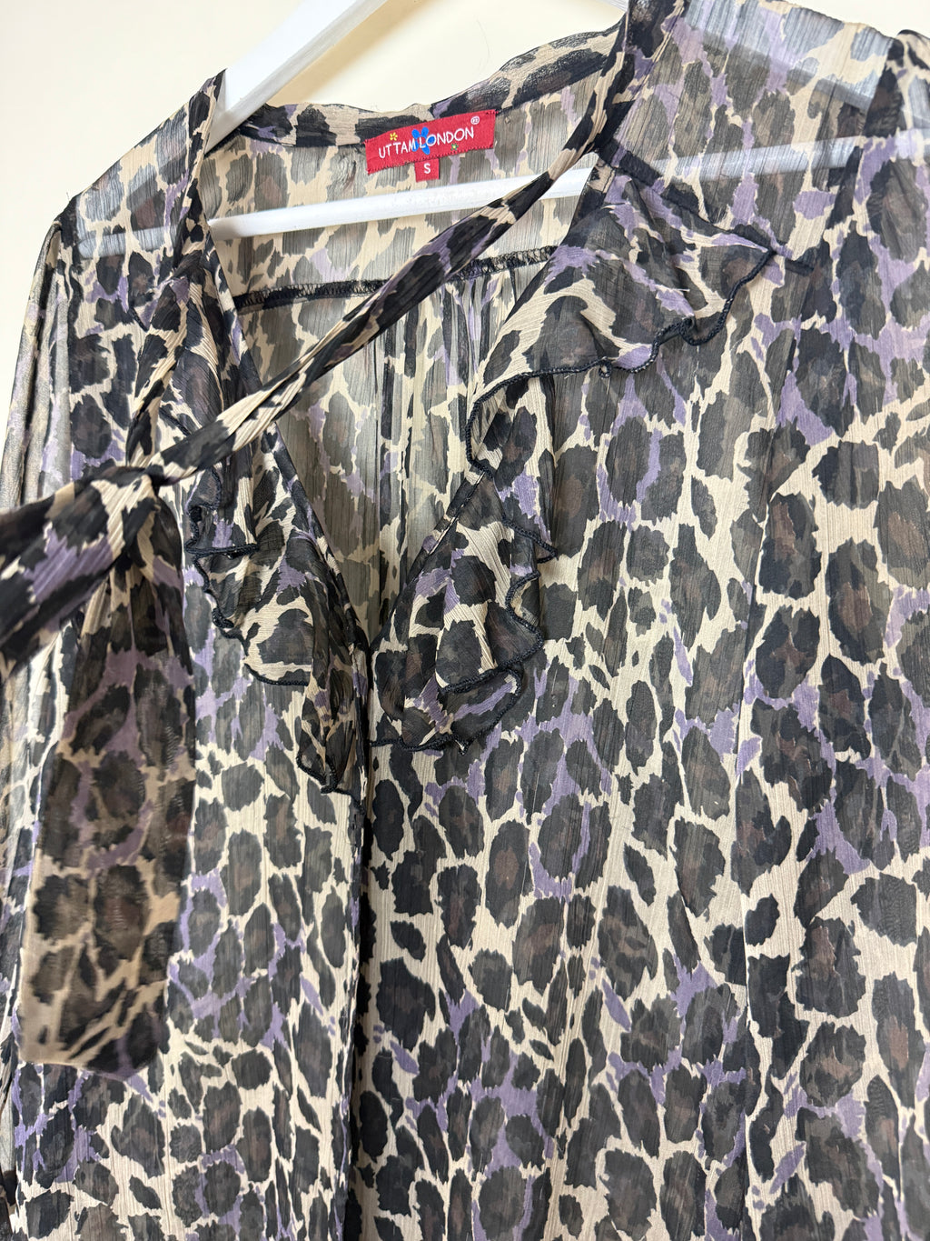 Uttam London Purple Grey Leopard Print Sheer Tie Neck Blouse Small