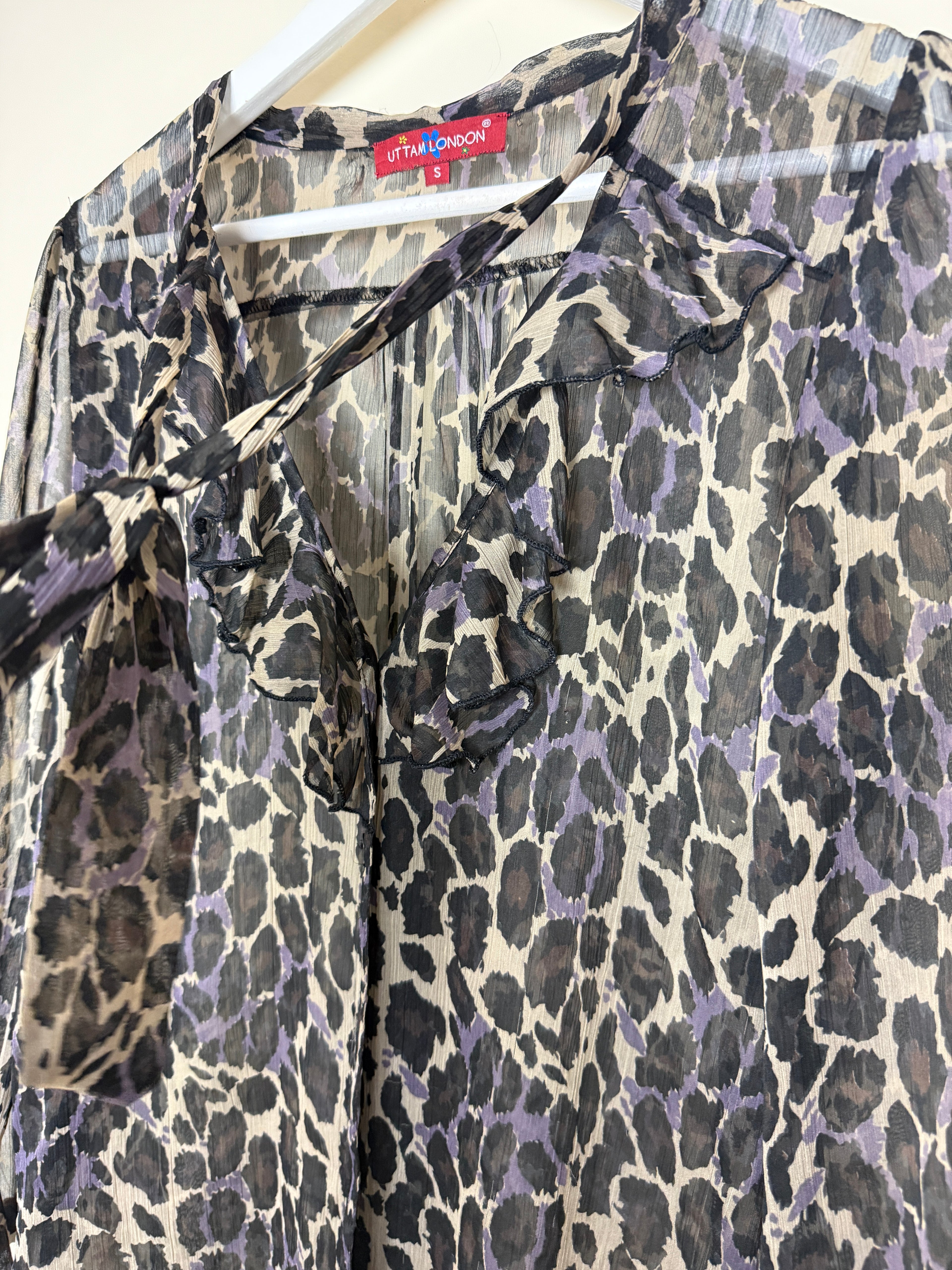 Uttam London Purple Grey Leopard Print Sheer Tie Neck Blouse Small