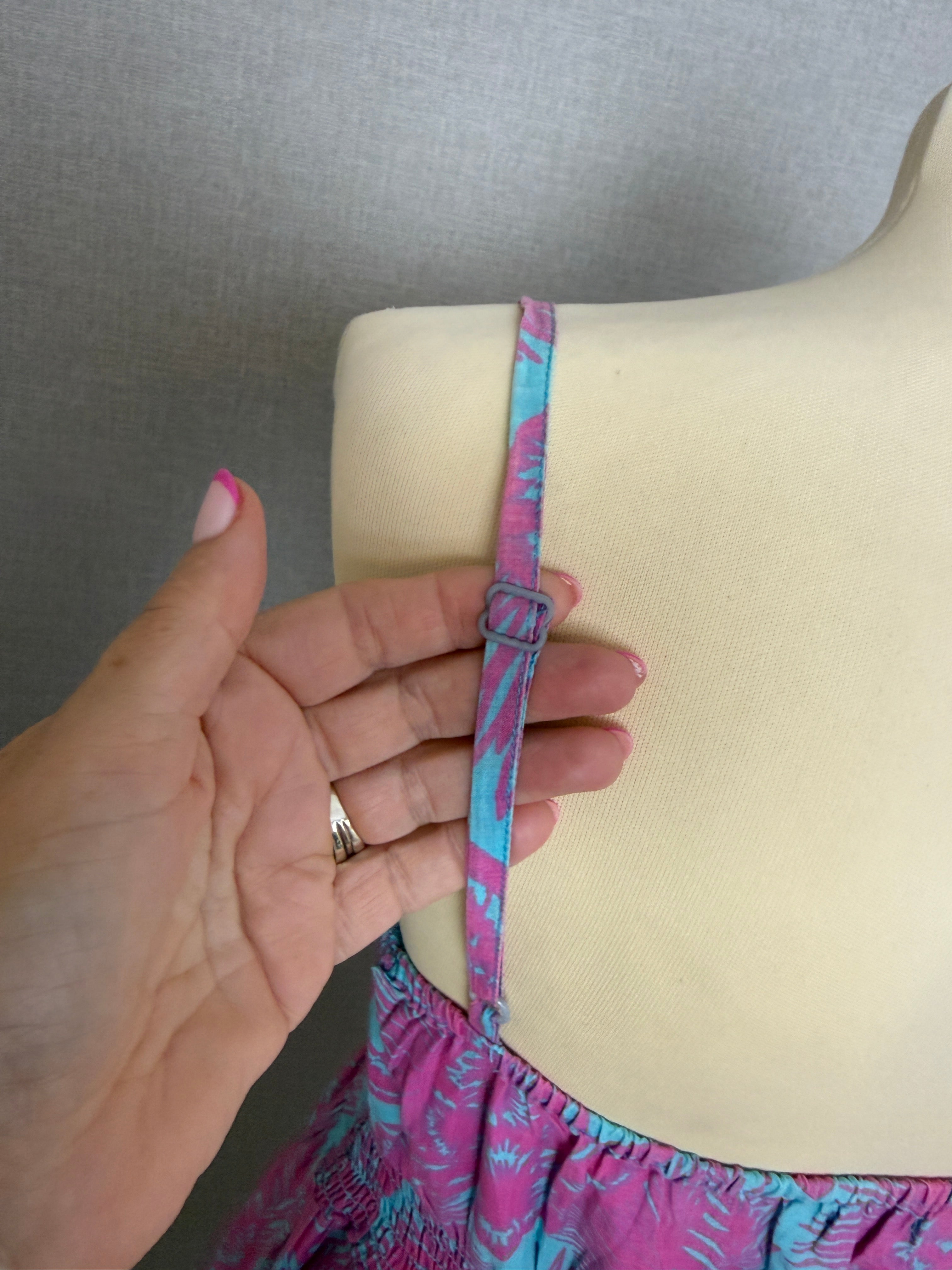 Papaya Pink & Blue Tropical Print Strappy Summer Dress UK14