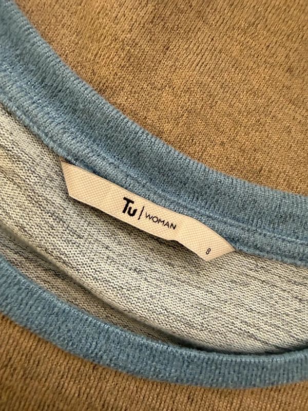 TU Jersey Top Blue Tan Long Sleeve Crew Neck Dip Hem Lightweight UK8